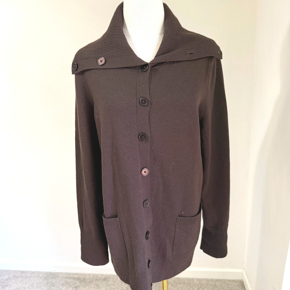 Talbots 100% Merino Wool Cardigan Sweater Button Front Funnel Neck Dark Brown XL